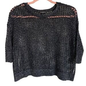 Express Boho Black Metallic Loose Knit Oversized 3/4 Sleeve Sweater Extra Small
